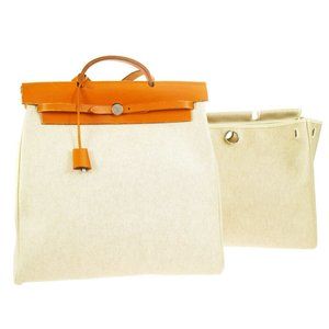 Authentic HERMES HERBAG MM 2 in 1 2way Hand Bag □C Brown Beige Toile H Leather